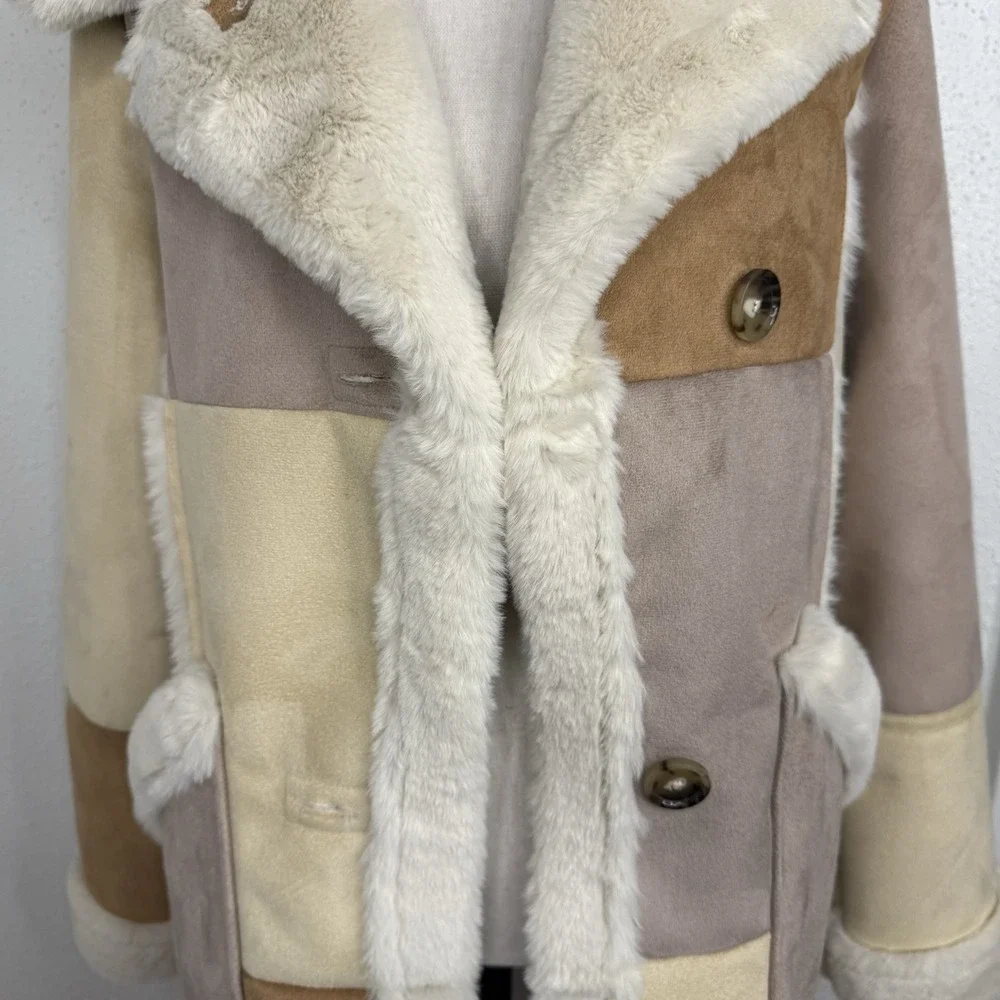 Hollister Faux Shearling Coat Patchwork Tan/ Cream Panels Size XS Women's